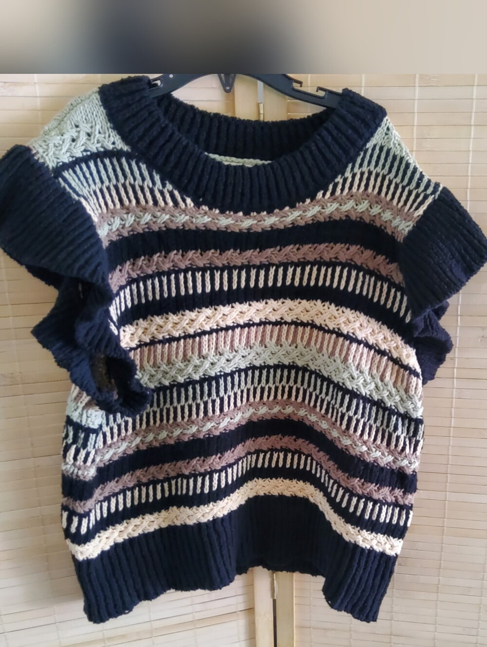 Elan Black Striped Open-Knit Short Sleeve Sweater Y2K